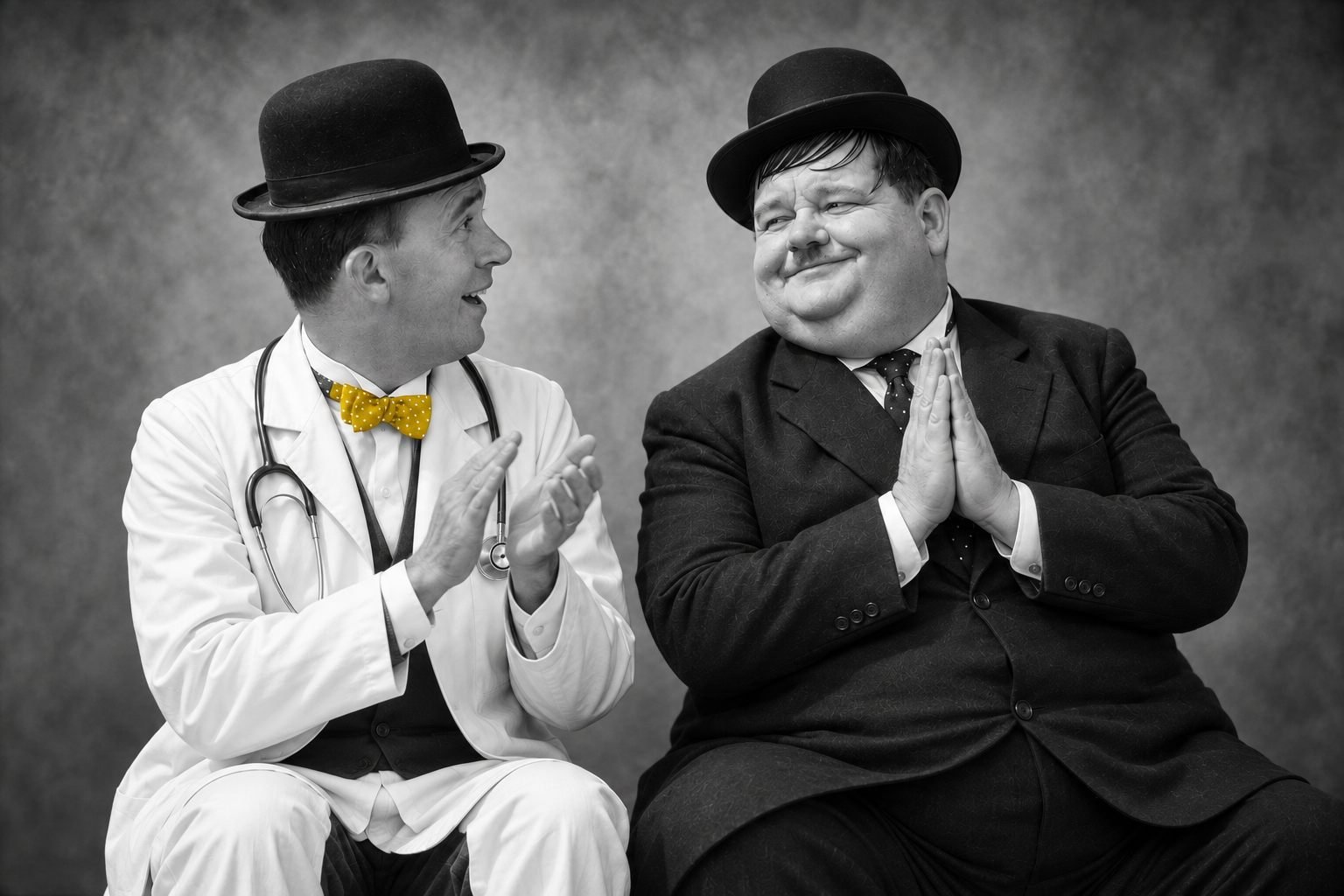 Ilustração de médico e paciente conversando, com detalhe de gravata amarelo-ouro.
